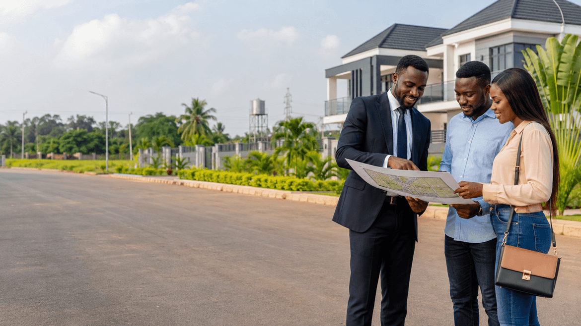 A Noriev adviser walking clients through an estate layout on site